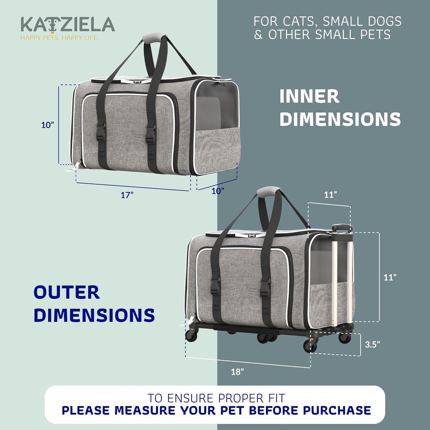 Rolling Rover Airline Compliant Expandable Premium Pet Carrier 6-Wheeled Baseboard Telescopic Handle Two-Sided Expandable Rolling Carrier Designed (Gray- White Piping)