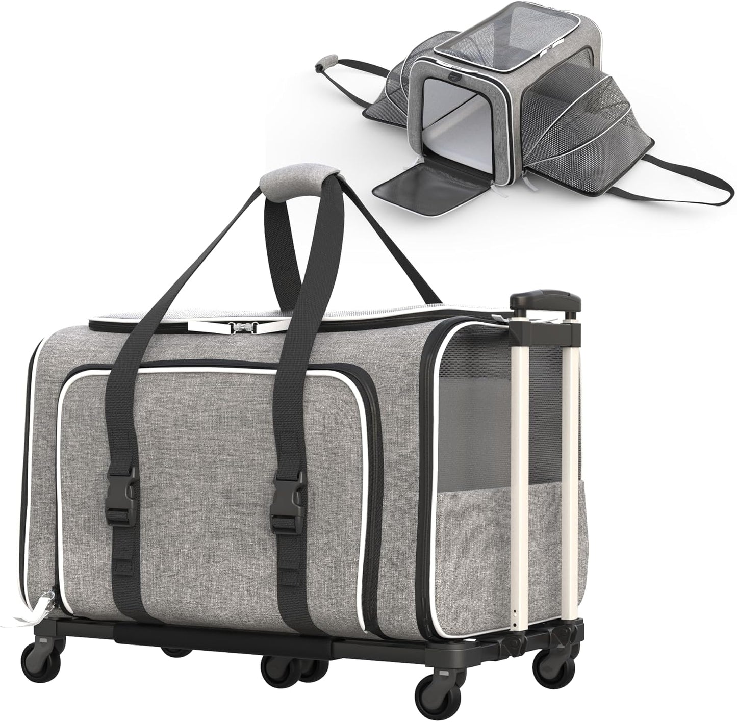 Rolling Rover Airline Compliant Expandable Premium Pet Carrier 6-Wheeled Baseboard Telescopic Handle Two-Sided Expandable Rolling Carrier Designed (Gray- White Piping)
