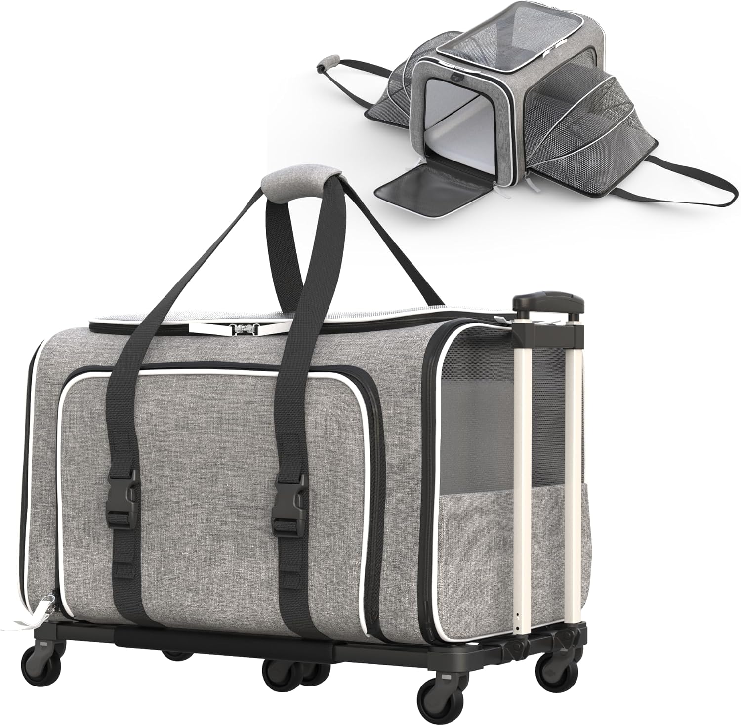 Rolling Rover Airline Compliant Expandable Premium Pet Carrier 6-Wheeled Baseboard Telescopic Handle Two-Sided Expandable Rolling Carrier Designed (Gray- White Piping)