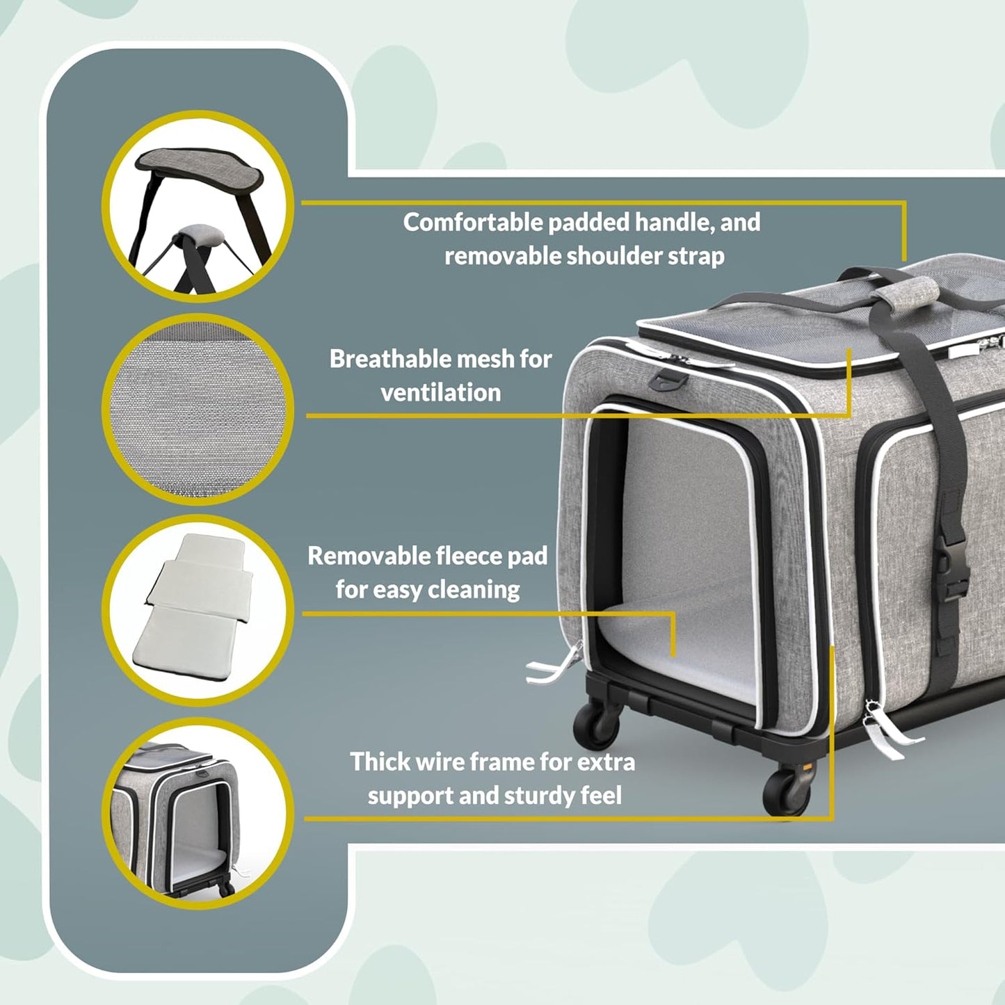 Rolling Rover Airline Compliant Expandable Premium Pet Carrier 6-Wheeled Baseboard Telescopic Handle Two-Sided Expandable Rolling Carrier Designed (Gray- White Piping)
